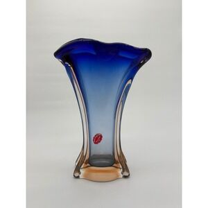 Vintage Murano Italy Blue & Amber Art Glass 12" Ruffle Vase w/ Original V8